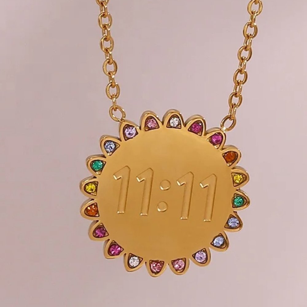 1111 Sun Flower Angel Number Pendant Multi Color Zircon Necklace 18K Gold - Picture 7 of 7